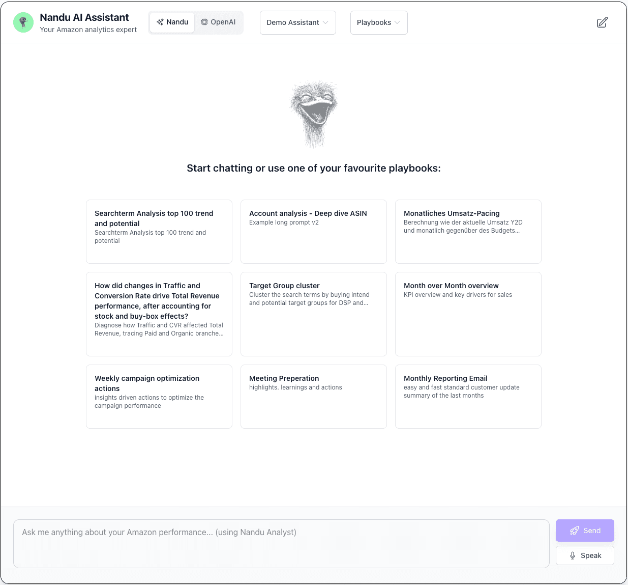 Nandu AI chat interface showing root-cause analysis with data tables, trend arrows, and actionable recommendations